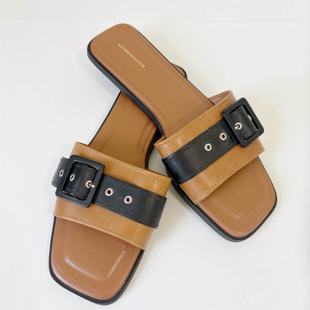 Anthropologie Black and Tan Buckle Sandals